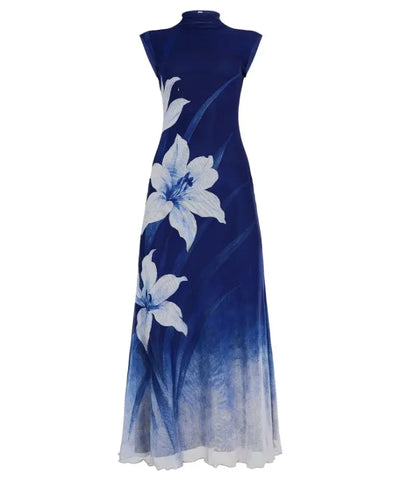 Navy Floral Mock-Neck Maxi Dress | MzStar Fashion