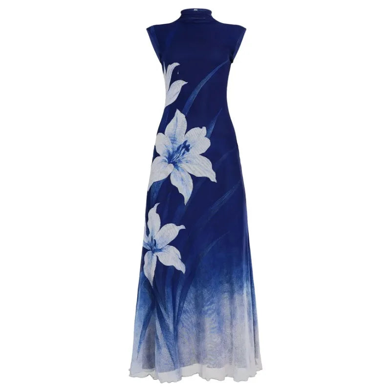 Navy Floral Mock-Neck Maxi Dress | MzStar Fashion