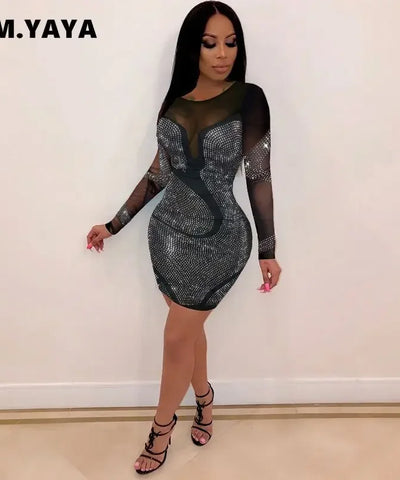 Rhinestone Mesh Bodycon Midi Dress | MzStar Fashion