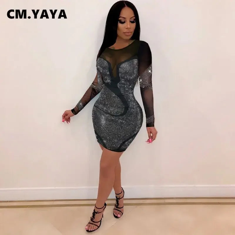 Rhinestone Mesh Bodycon Midi Dress | MzStar Fashion