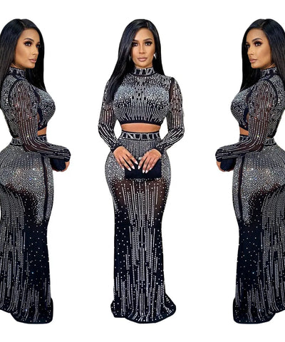 Pearl Chain Rhinestone Sheer Dress | MzStar Fashion
