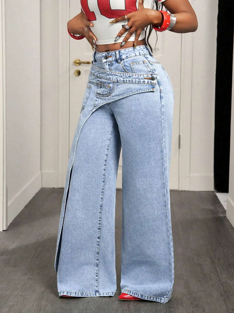 Vintage Splice Wide-Leg Jeans | MzStar Fashion | view 5