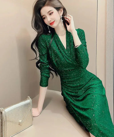 Slim V-Neck Midi Dress