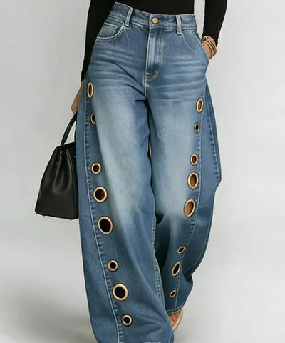 Gold Eyelet Wide-Leg Jeans | MzStar Fashion