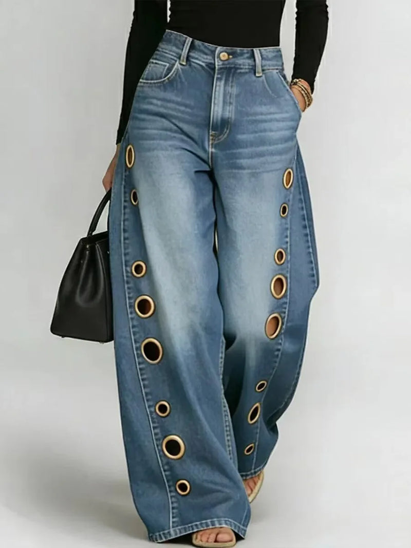 Gold Eyelet Wide-Leg Jeans | MzStar Fashion