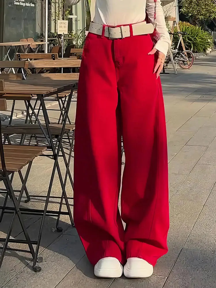 Retro Red Wide-Leg Jeans | MzStar Fashion | view 5