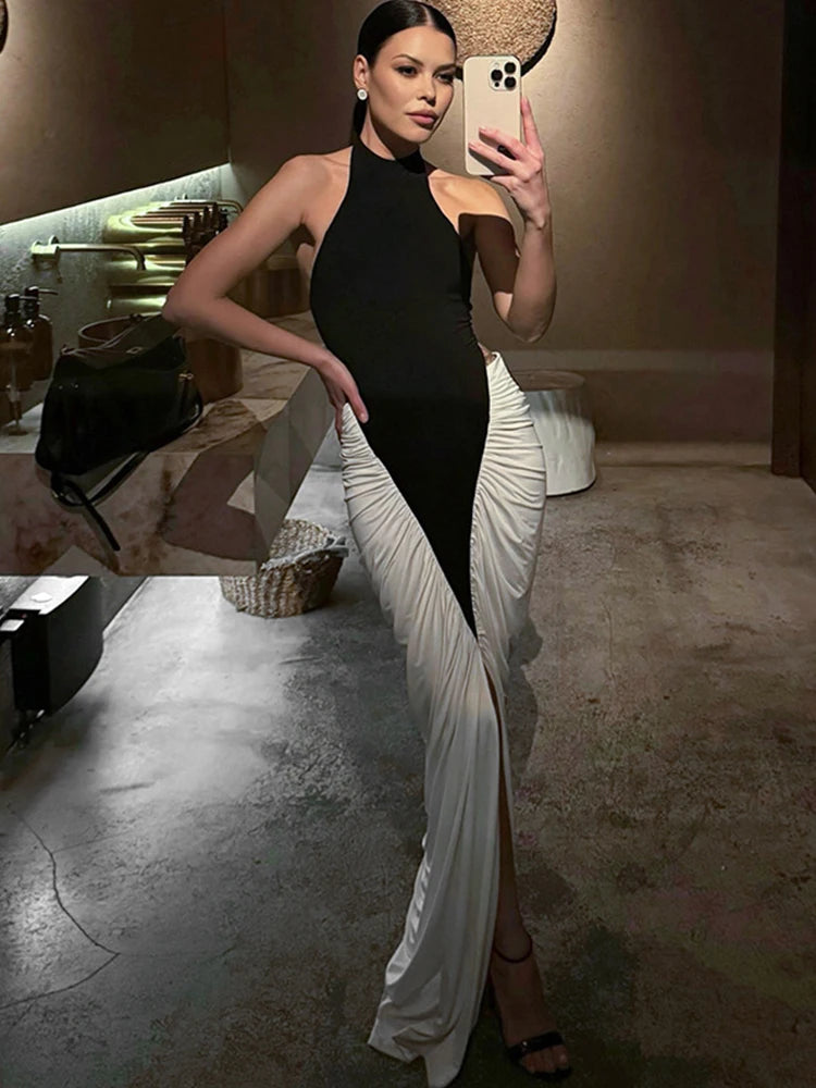 Contrast Patchwork Halter Maxi Dress | MzStar Fashion | view 3