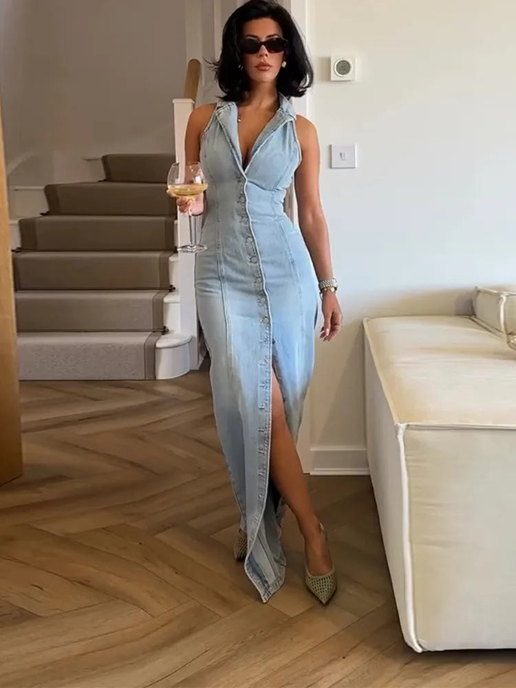 Denim Button-Front Maxi Dress | MzStar Fashion | view 3