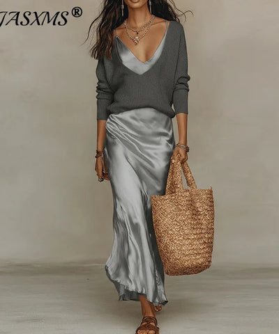 Sweater & Satin Dress Set | MzStar Fashion