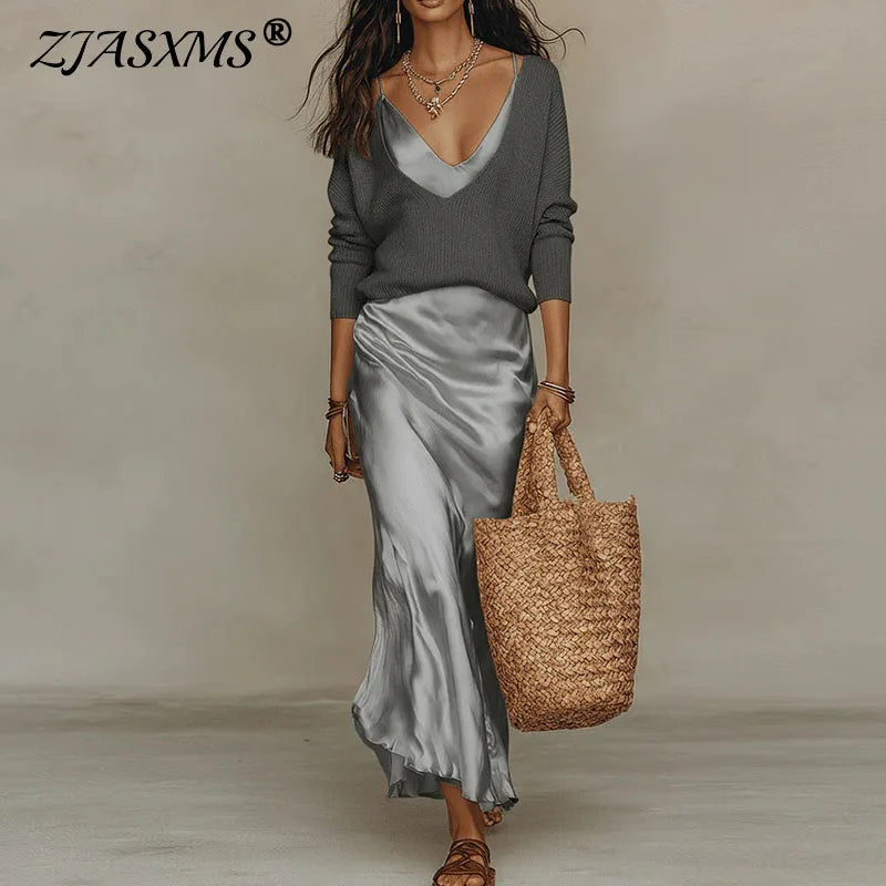 Sweater & Satin Dress Set | MzStar Fashion