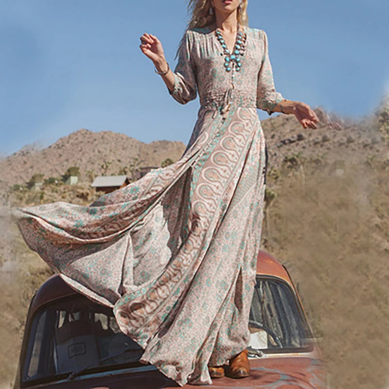 Retro Floral Chiffon Maxi Dress | MzStar Fashion | view 5