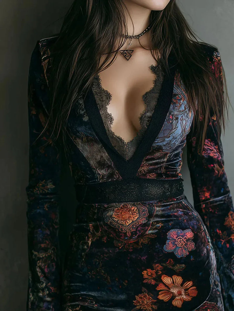 Velvet Floral Gothic Mini Dress | MzStar Fashion | view 4