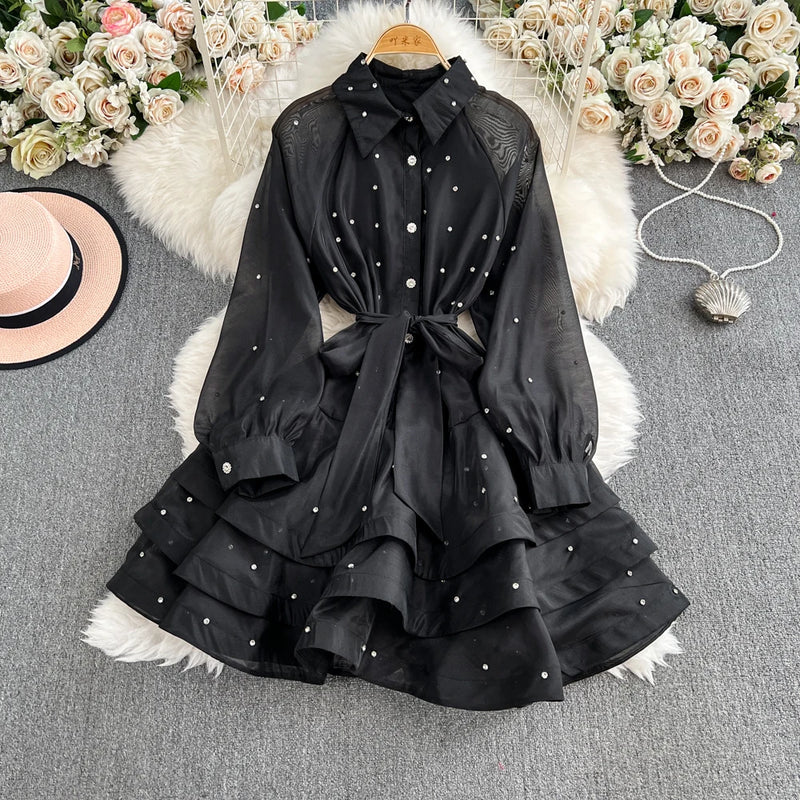 Rhinestone Ruffle Lace-Up Dress | MzStar Fashion | view 7