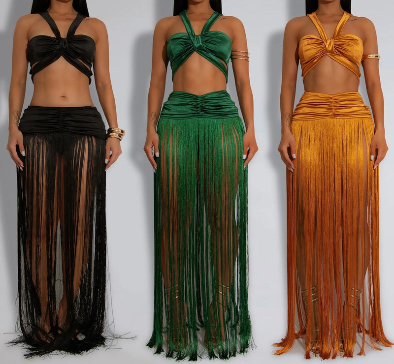 Tassel Knit Two-Piece Maxi Dress Set | MzStar Fashion