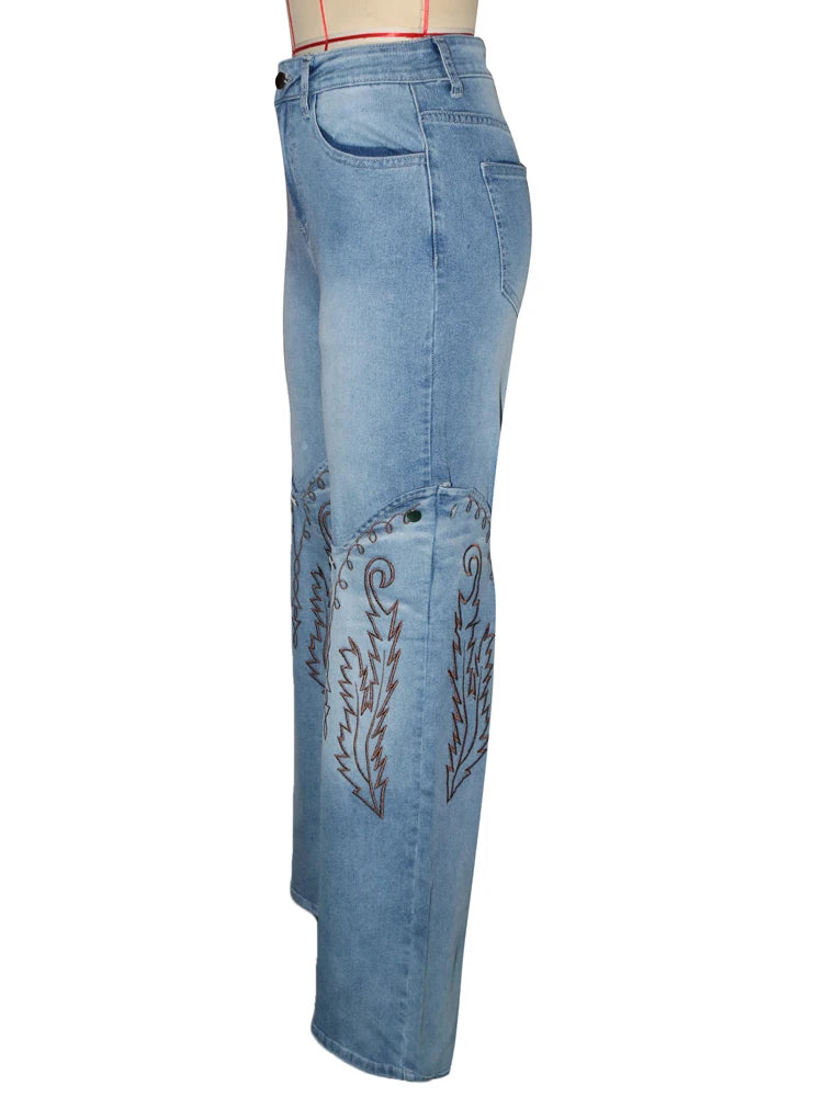 Striped Embroidery Straight Jeans | MzStar Fashion | view 5