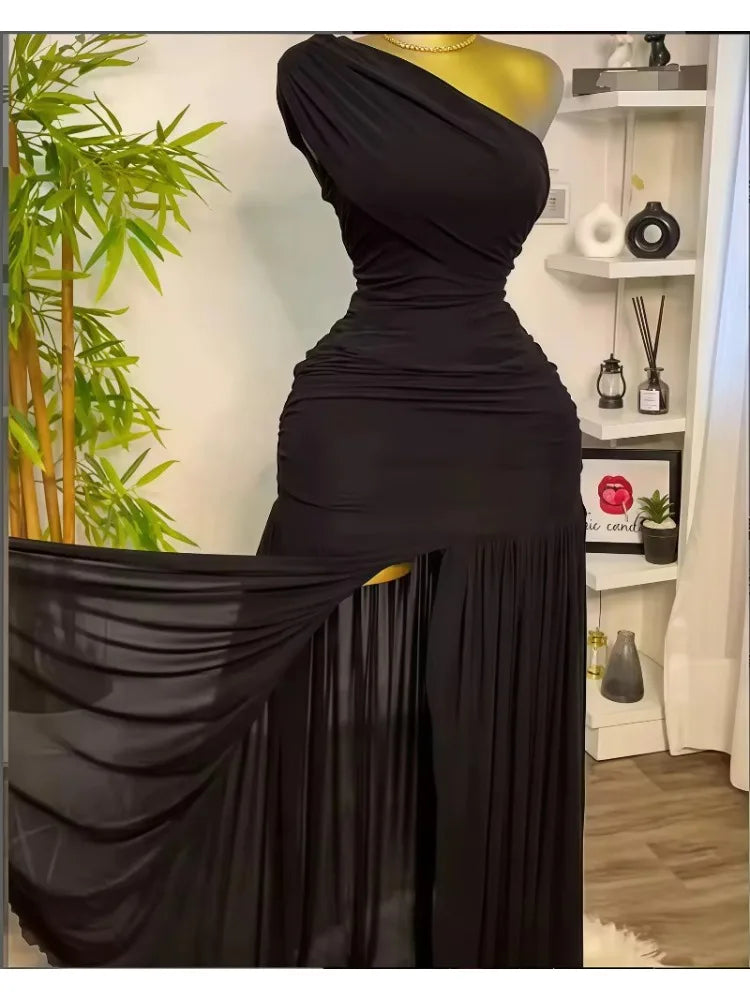 One-Shoulder Pleated Slit Gown | MzStar Fashion | view 4
