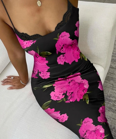 Floral Lace-Trim Bodycon Maxi Dress | MzStar Fashion