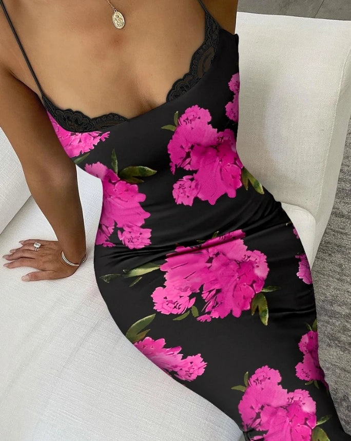 Floral Lace-Trim Bodycon Maxi Dress | MzStar Fashion