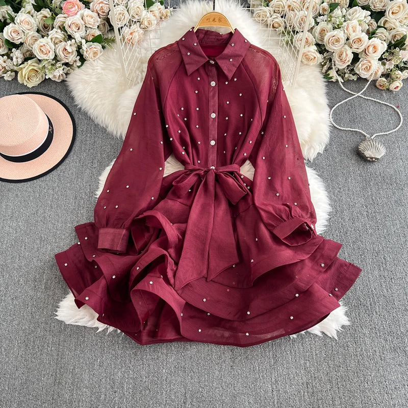 Rhinestone Ruffle Lace-Up Dress | MzStar Fashion | view 2