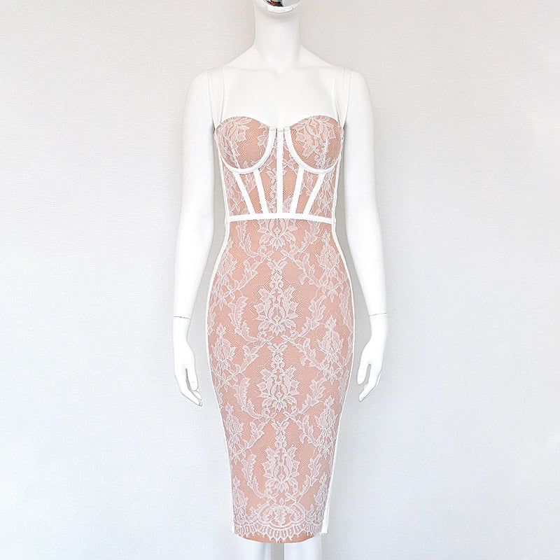 Contrast Lace Bandage Midi Dress | MzStar Fashion | view 3
