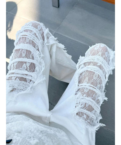 White Lace Cut-Out Jeans