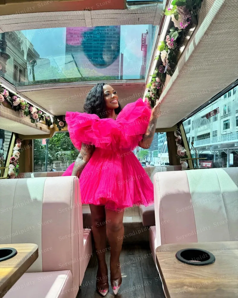 Hot Pink Ruffle Organza Mini Dress | MzStar Fashion | view 3