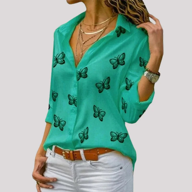 Butterfly V-Neck Button Blouse | MzStar Fashion