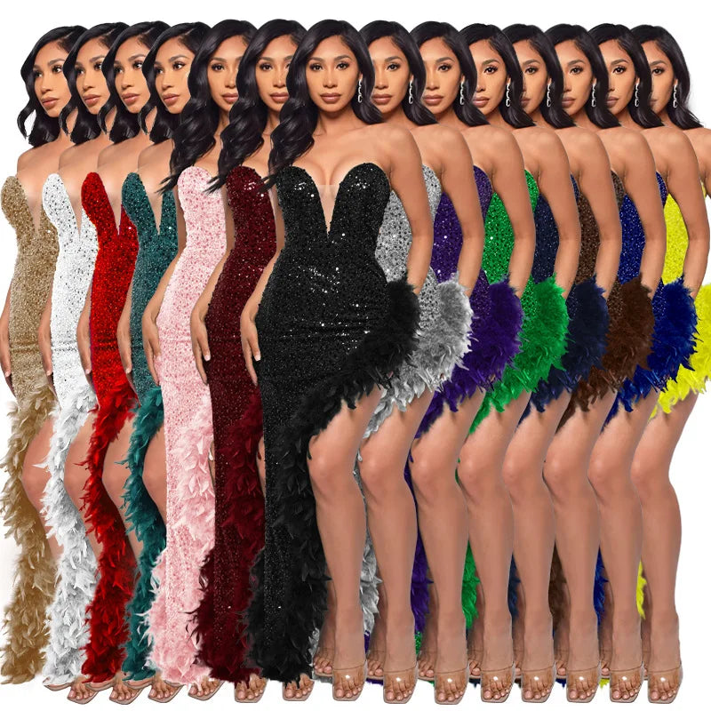 Feather Sequin Evening Gown | MzStar Fashion | view 6