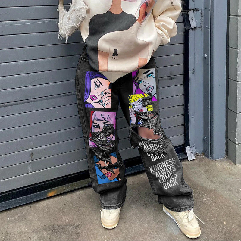 Graphic Print Ripped Jeans | MzStar Fashion | view 3