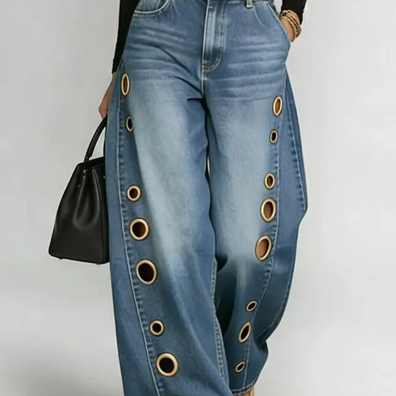 Gold Eyelet Wide-Leg Jeans | MzStar Fashion | view 3