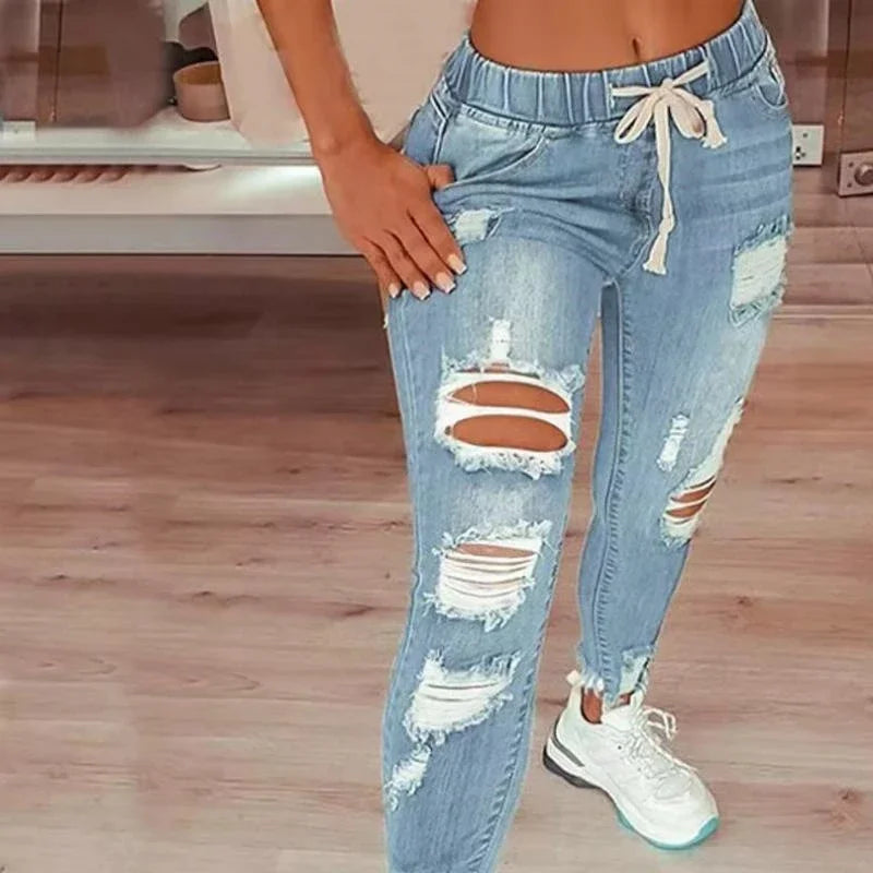 Drawstring Ripped Pencil Jeans | MzStar Fashion | view 8