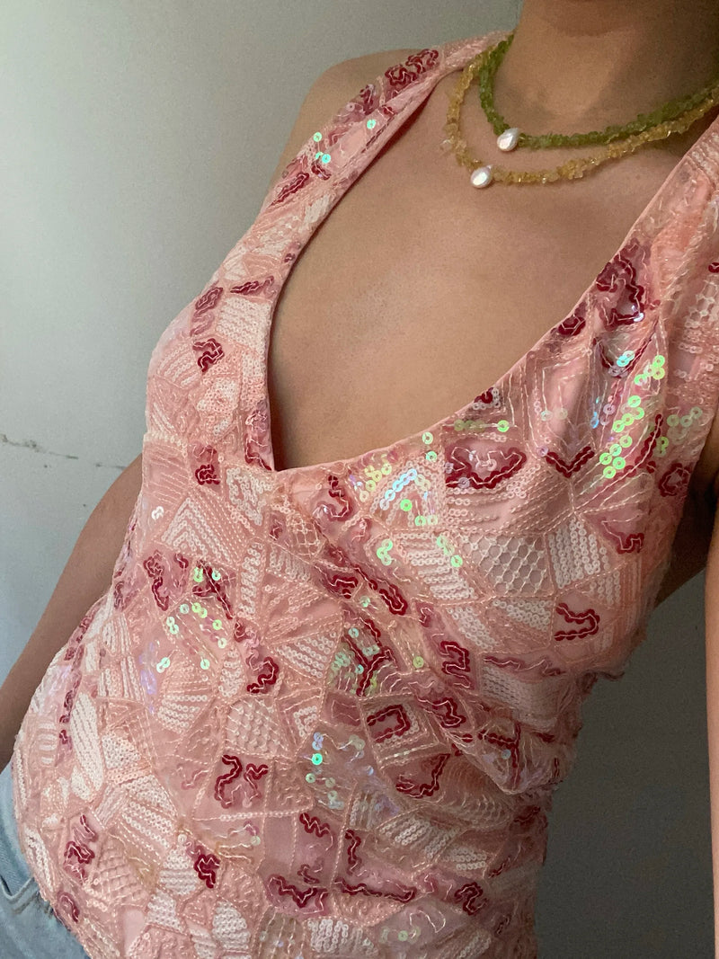 Sequin Deep-V Halter Top | MzStar Fashion