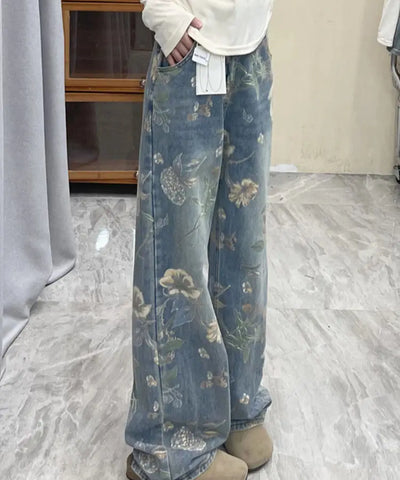 Floral Print Straight Jeans
