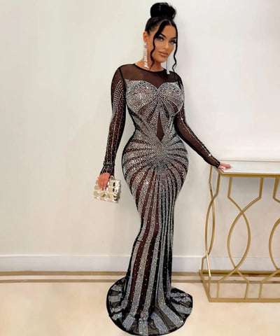 Crystal Mesh Long-Sleeve Gown