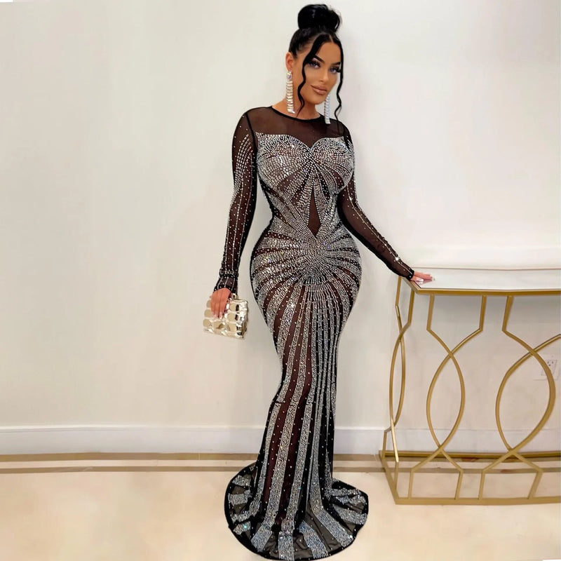 Crystal Mesh Long-Sleeve Gown | MzStar Fashion | view 2