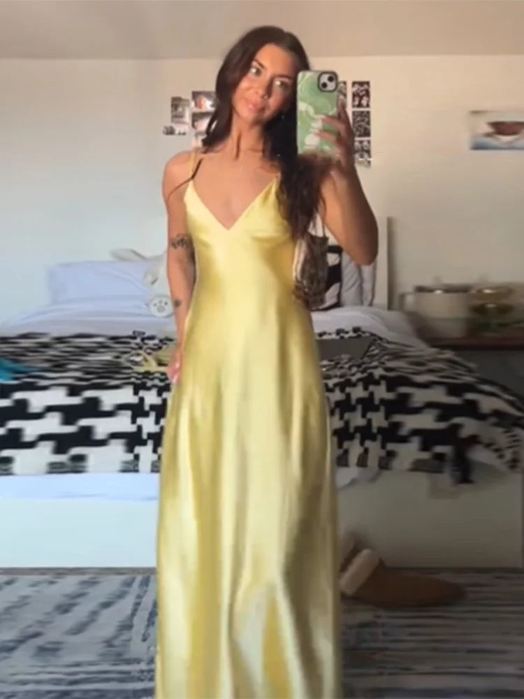 Yellow Satin Bustier Maxi Dress | MzStar Fashion | view 6