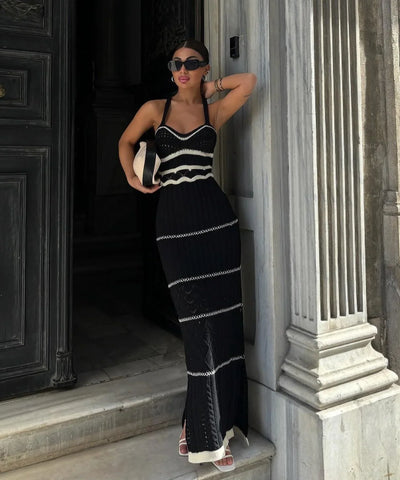 Striped Knit Halter Maxi Dress | MzStar Fashion