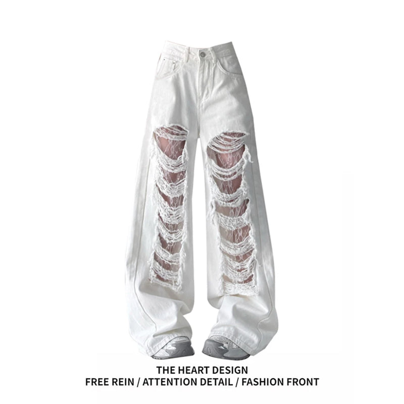 White Lace Cut-Out Jeans | MzStar Fashion