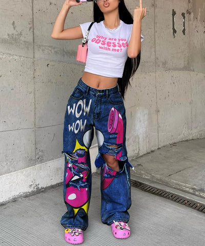 Y2K Printed Baggy Boyfriend Jeans | MzStar Fashion