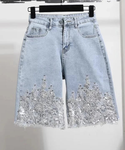 Sequin Splice Denim Shorts | MzStar Fashion