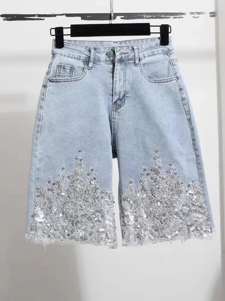Sequin Splice Denim Shorts | MzStar Fashion