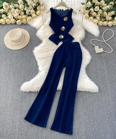 Denim Vest & Wide-Leg Set | MzStar Fashion