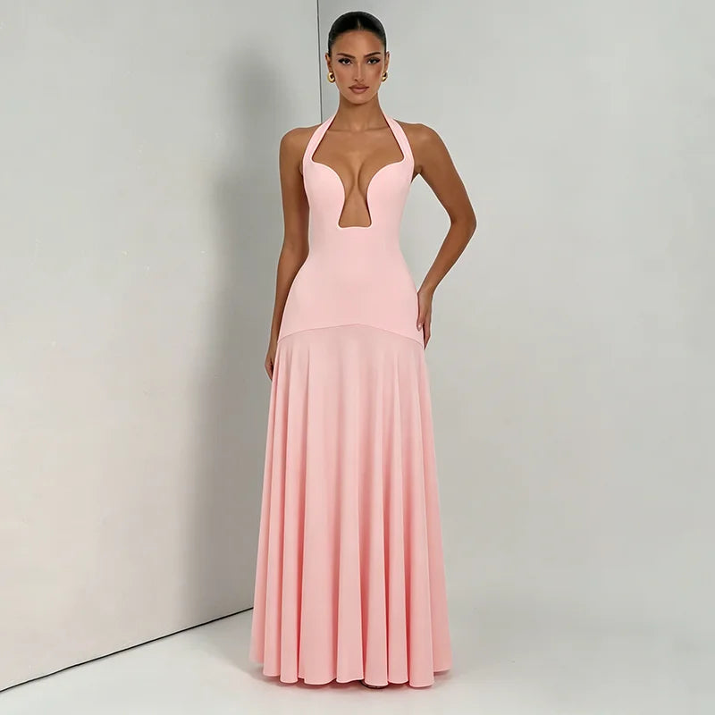 Blush Pink Keyhole Halter Maxi Dress