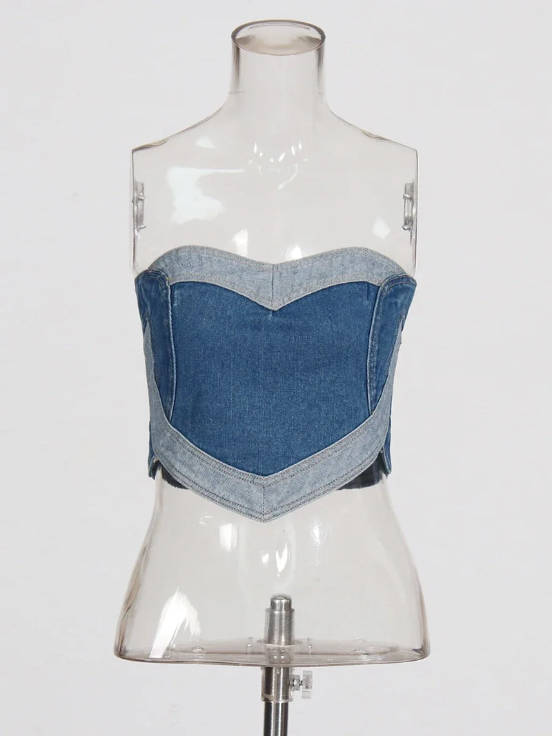 Strapless Vest & Patchwork Jeans Set | MzStar Fashion | view 4