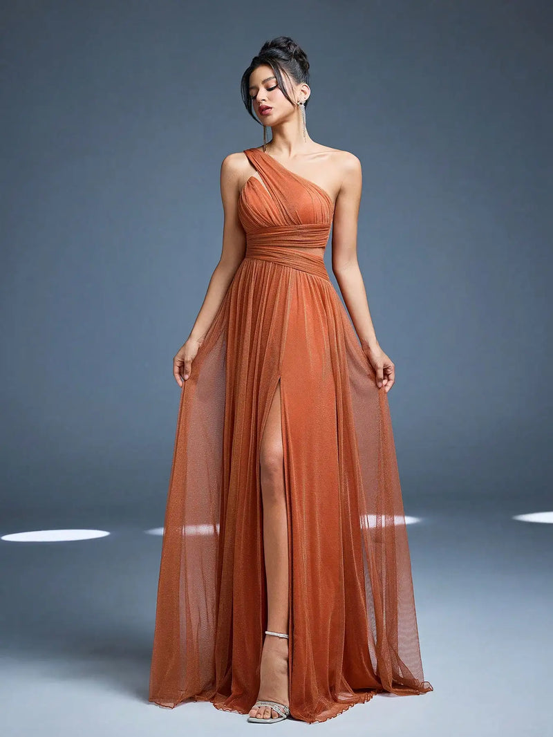One-Shoulder Ruched Slit Gown | MzStar Fashion | view 5