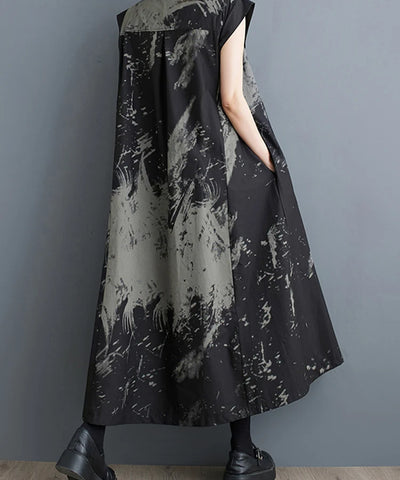 Black Print Stand-Collar Dress