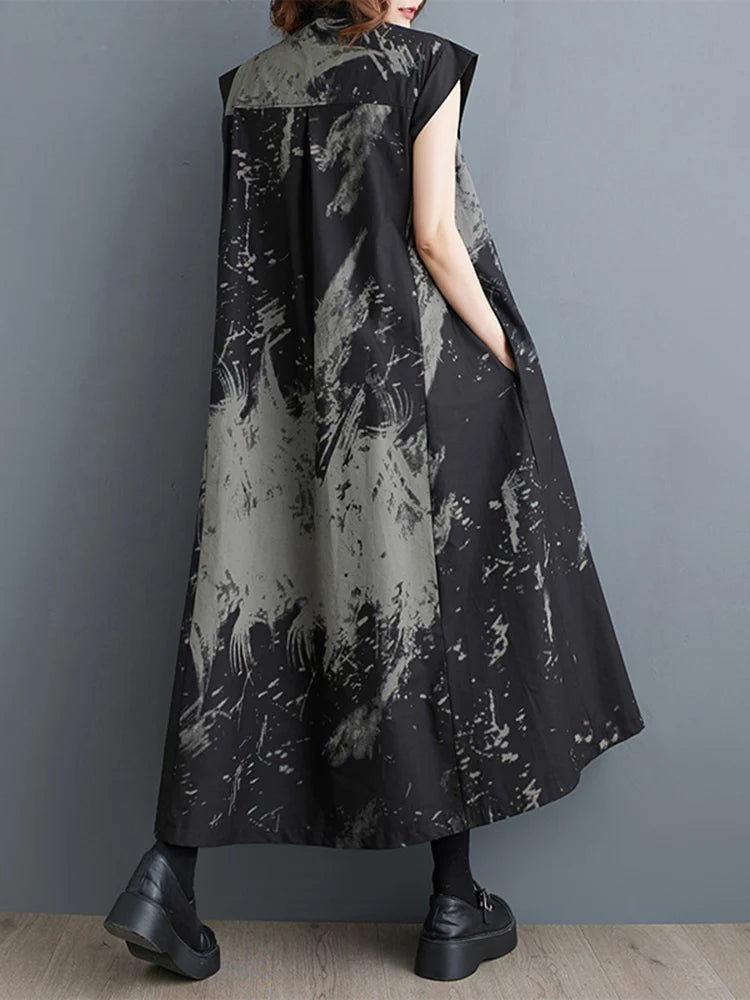 Black Print Stand-Collar Dress | MzStar Fashion | view 2