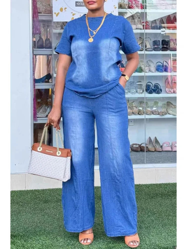 Denim Tee & Wide-Leg Pants Set | MzStar Fashion | view 6