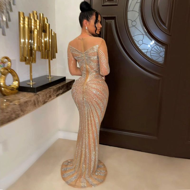 Crystal Mesh Long-Sleeve Gown | MzStar Fashion | view 3