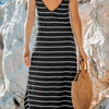 Elegant Black and White Striped Side Slit Vacation Dress | MzStar Fashion | view 2